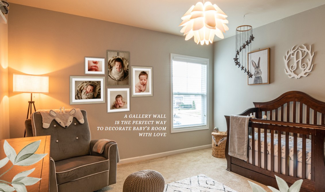 Newborn photographs are displayed in a baby's nursery