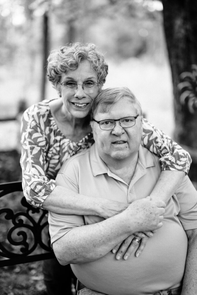 Ann and Denny, a couple married for over 50 years, share a tender moment during their Enduring Love portrait session at Kara Reese Photography studio in Waukesha, Wisconsin.